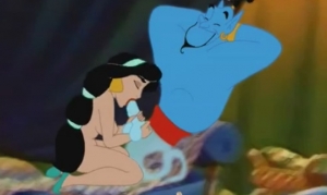 Принцесса Жасмин, с чёрными волосами, двумя руками держит хер своего друга Джинна и отсасывает ему, плямкая и чавкая